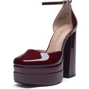Dream Pairs Women Burgundy Faux Leather Closed Toe Chunky High Heels Platform